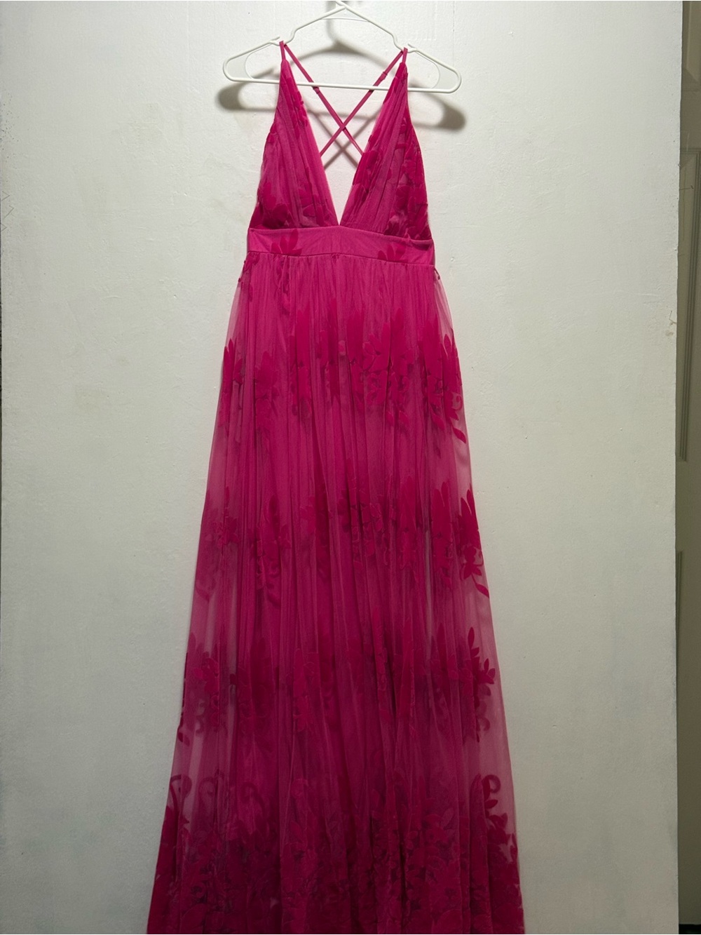 Luxxel Fuschia Floral Flocked Tulle Maxi Dress/Gown Sz S NWT
